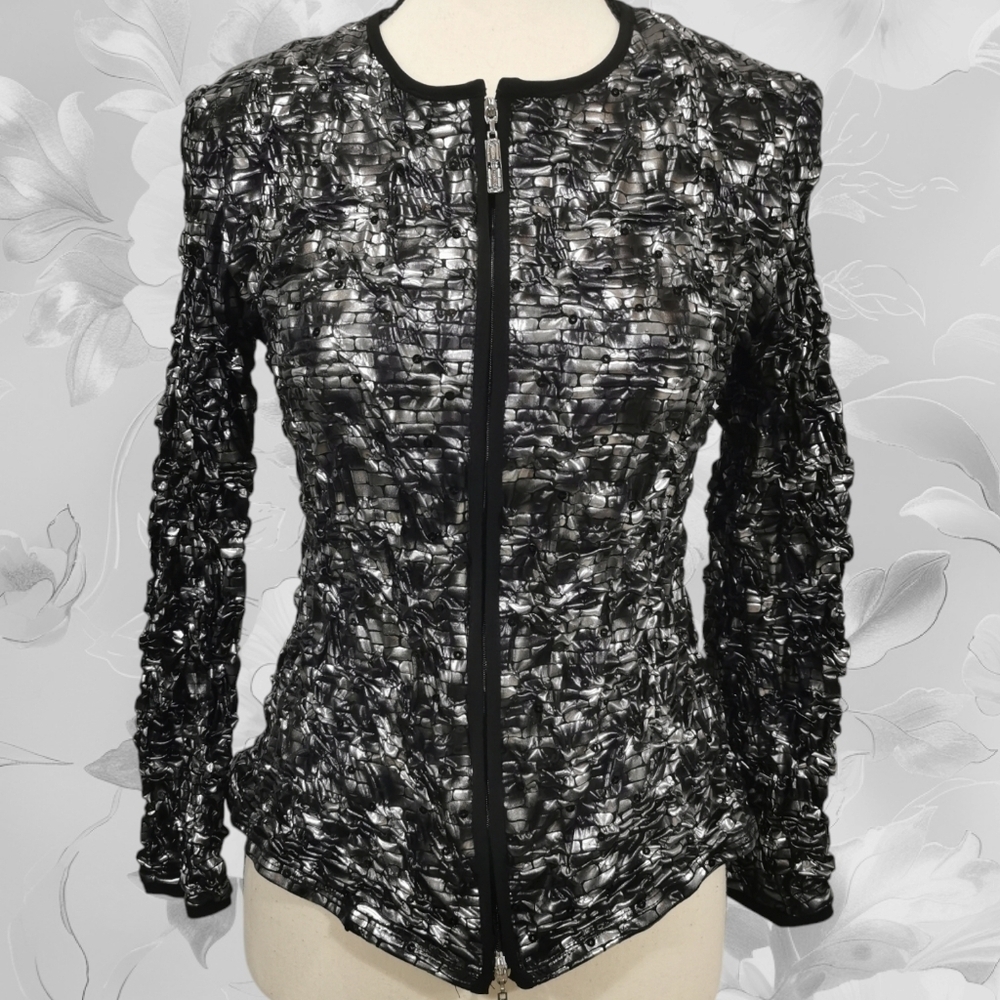 Frank Lyman Vintage Silver & Black  Crinkle Textured Full Zip Jacket - Sz S-M